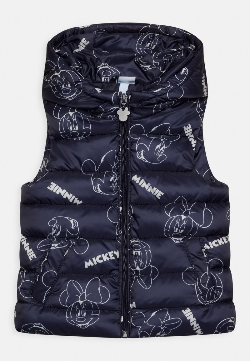 Gilet imbottito blu navy con disegni a linee bianche di Topolino e Minnie, chiusura con zip e cappuccio. Design leggero e trapuntato con tasche laterali.
