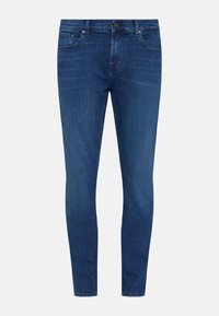 Jeans in denim blu scuro con una vestibilità slim, caratterizzati da un classico design a cinque tasche, dettagli cuciti e una chiusura con zip e bottone in metallo.
