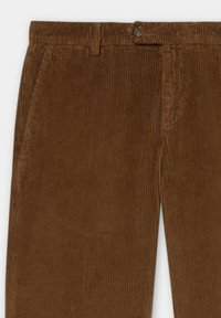 Pantaloni di velluto a coste marroni con texture a righe verticali. Presentano una chiusura con bottone e tasche standard. Finitura liscia con un aspetto morbido.