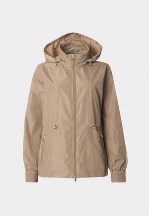 Veste à capuche marron clair avec fermeture éclair frontale, cordons ajustables à la taille et à la capuche, poignets élastiques et poches latérales zippées.