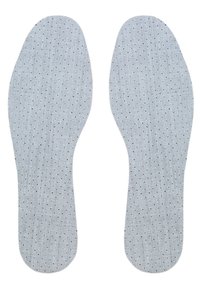Gray fabric insoles with a perforated texture and small black dots, designed to provide cushioning and fit inside shoes.