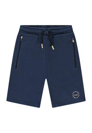 Marineblauwe katoenen shorts met een elastische tailleband, verstelbaar trekkoord, dubbele zijrits zakken en een logo op de linkerpijp.