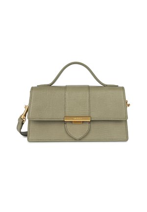 Sac à main vert olive fabriqué en matériau texturé avec une forme structurée. Équipé d'une poignée supérieure, de quincaillerie dorée et d'une fermeture à rabat à l'avant.
