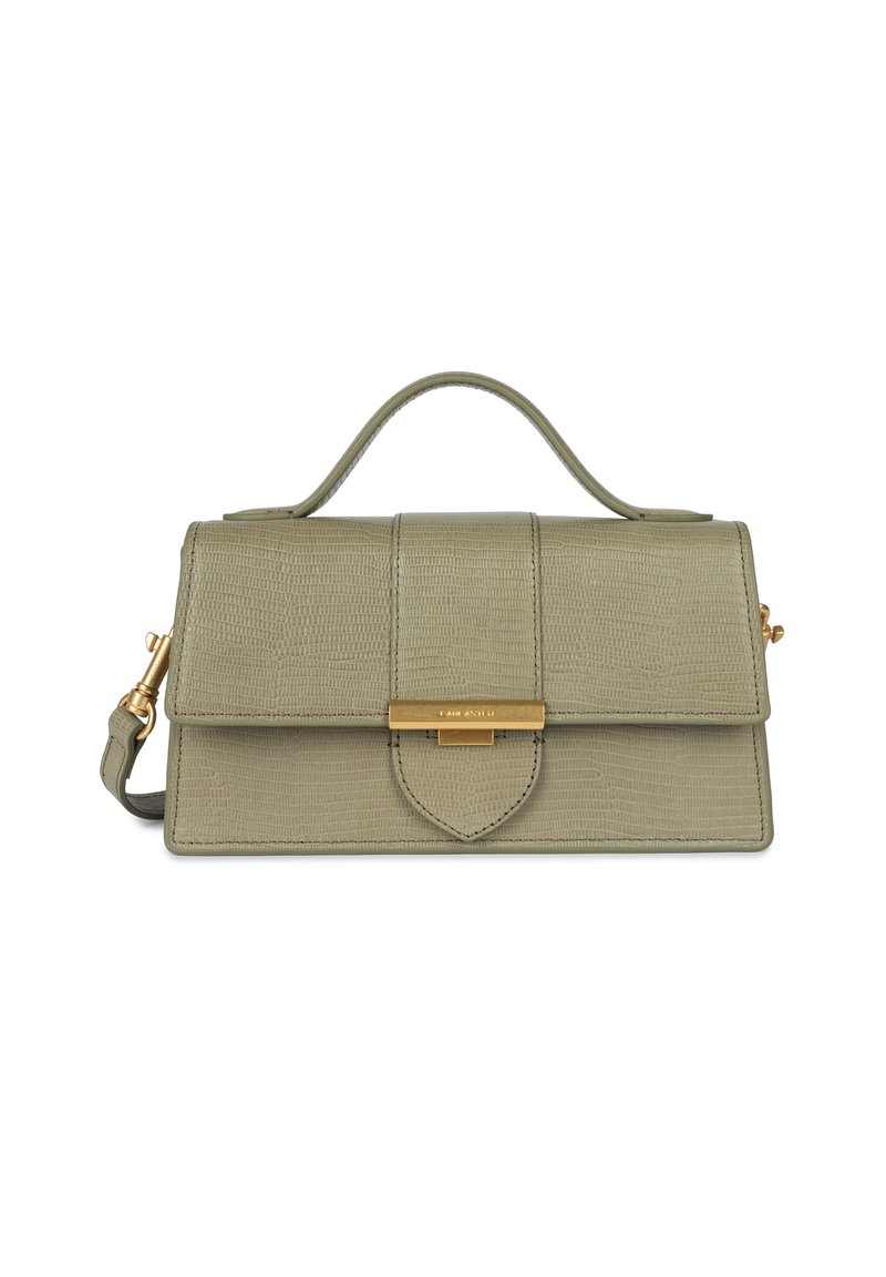 Borsa a mano verde oliva realizzata in materiale testurizzato con una forma strutturata. Presenta un manico superiore, accessori in oro e una chiusura a patta anteriore.