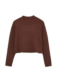 Brauner Kabelstrickpullover mit hohem Kragen und cropped Saum. Verfügt über lange Ärmel und strukturierte Details. Weicher Stofffinish.