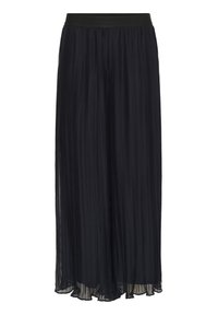 Fekete pliszírozott maxi szoknya rugalmas derékpánttal, könnyű, áttetsző anyagból, amely lágyan omlik és enyhén kiszélesedik az alján.