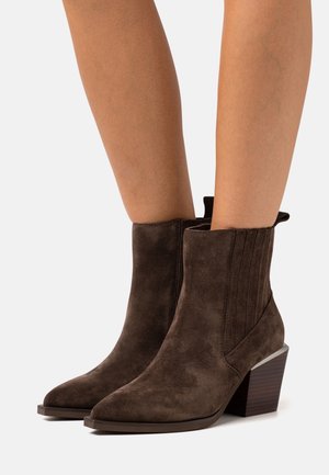 Paire de bottines en daim marron avec bouts pointus et talons carrés empilés, portées sur des jambes nues sur un fond uni.