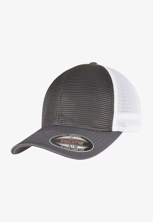 Gray and white trucker cap with mesh back, curved visor, and a Flexfit size label. Features a solid gray front panel.