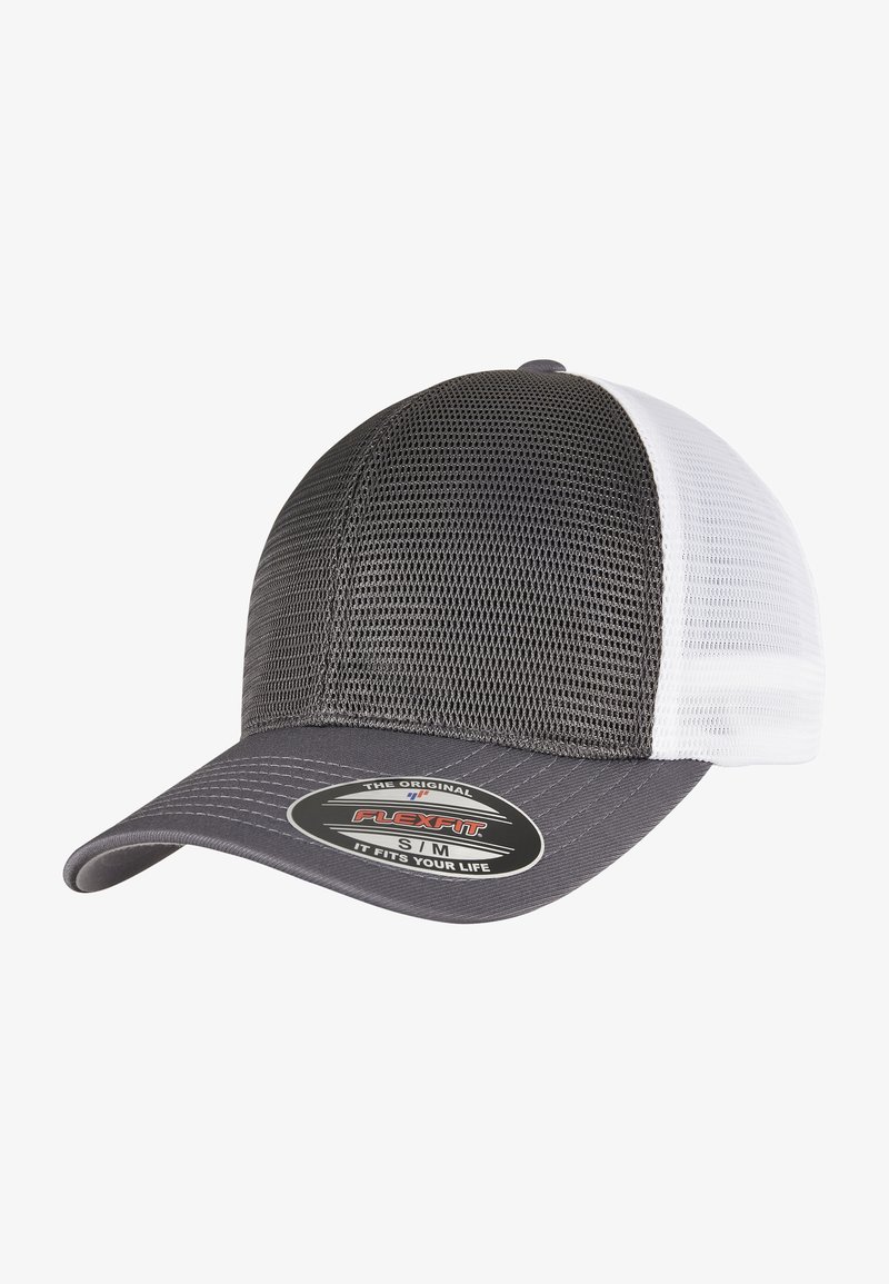 Gray and white trucker cap with mesh back, curved visor, and a Flexfit size label. Features a solid gray front panel.