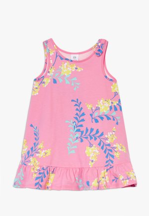 Lyserød ærmeløs kjole til småbørn med gule og blå blomsterprint og en flæsekant nederst.