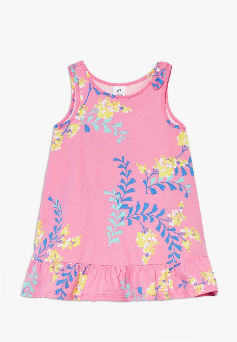 Robe rose sans manches pour tout-petit avec des motifs floraux jaunes et bleus et un ourlet à volants.