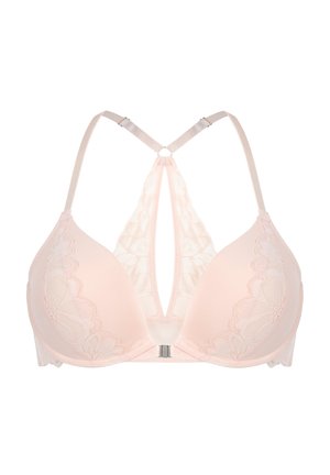 Helles rosa BH mit Spitze, geometrischem Design und gepolsterten Cups. Verfügt über ein trägerloses Rückendesign und silberne Hardware am Verschluss.