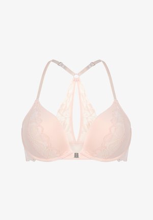 Light pink bra with lace detailing, geometric shape, and padded cups. Features a strappy back design and silver hardware at the closure.