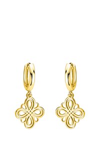 Orecchini a cerchio color oro caratterizzati da un design a goccia a forma di fiore, con intricati motivi intagliati e una finitura liscia e lucida.