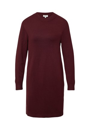 Długa sukienka dzianinowa z długim rękawem, okrągłym dekoltem i długości do kolan w głębokim burgundzie, z prążkowanymi mankietami i dołem.