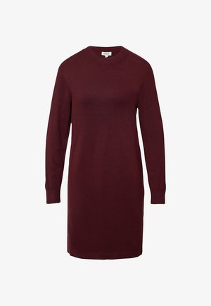 Langärmliges, Rundhals, knielanges Strickkleid in tiefem Burgunderrot mit gerippten Bündchen und Saum.