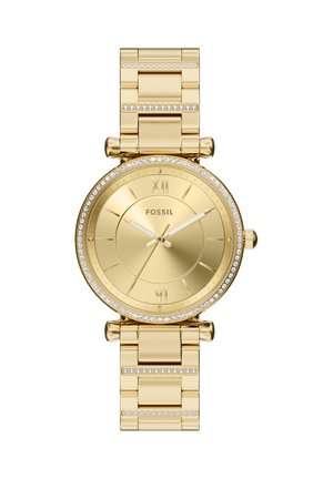 Guldur med metalarmbånd, rund urskive og romertal som markeringer. Bezel prydet med små krystaller, jævn tekstur over det hele.