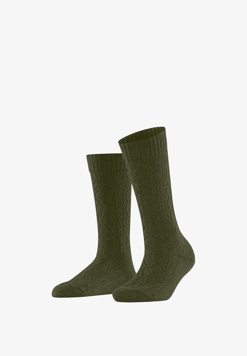 Calzini lavorati a maglia verde oliva con un motivo a diamante testurizzato, dotati di polsini a coste e una finitura morbida. Adatti per diverse occasioni casual.