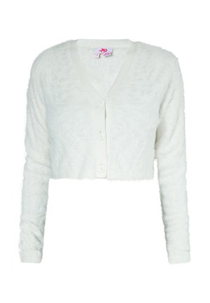 Hvid fluffy cropped cardigan med lange ærmer, V-hals og tre knapper foran, vist mod en ensfarvet baggrund.