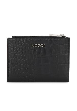 Black wallet made of textured leather with a crocodile pattern, featuring a zip closure and a metallic logo detail.