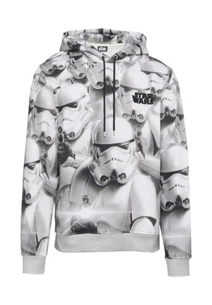 Hoodie met een grijs en zwart all-over print van Stormtroopers en een "Star Wars" logo op de borst, voorzien van een trekkoordsluiting.