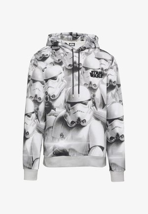Hoodie met een grijs en zwart all-over print van Stormtroopers en een "Star Wars" logo op de borst, voorzien van een trekkoordsluiting.