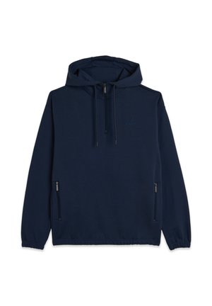 Felpa con cappuccio blu navy in materiale morbido. Presenta una zip frontale a metà, due tasche laterali con zip e polsini elasticizzati. Logo discreto sul petto.