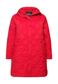 Red quilted jacket with a hood, featuring a snap front closure and side pockets, made from smooth, shiny fabric.