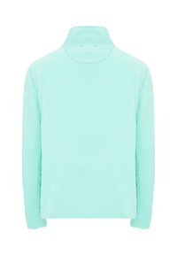 Mintgroene fleece jas met hoge kraag, lange mouwen en een zachte textuur. Kenmerkt zich door minimale stiksels en geen zichtbare hardware.