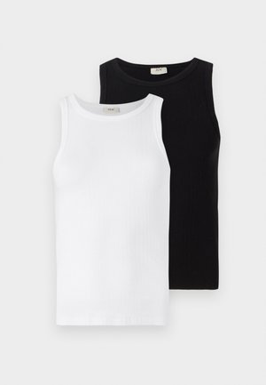 Two ribbed sleeveless tops, one white and one black, featuring round necklines and a smooth texture, presented side by side.