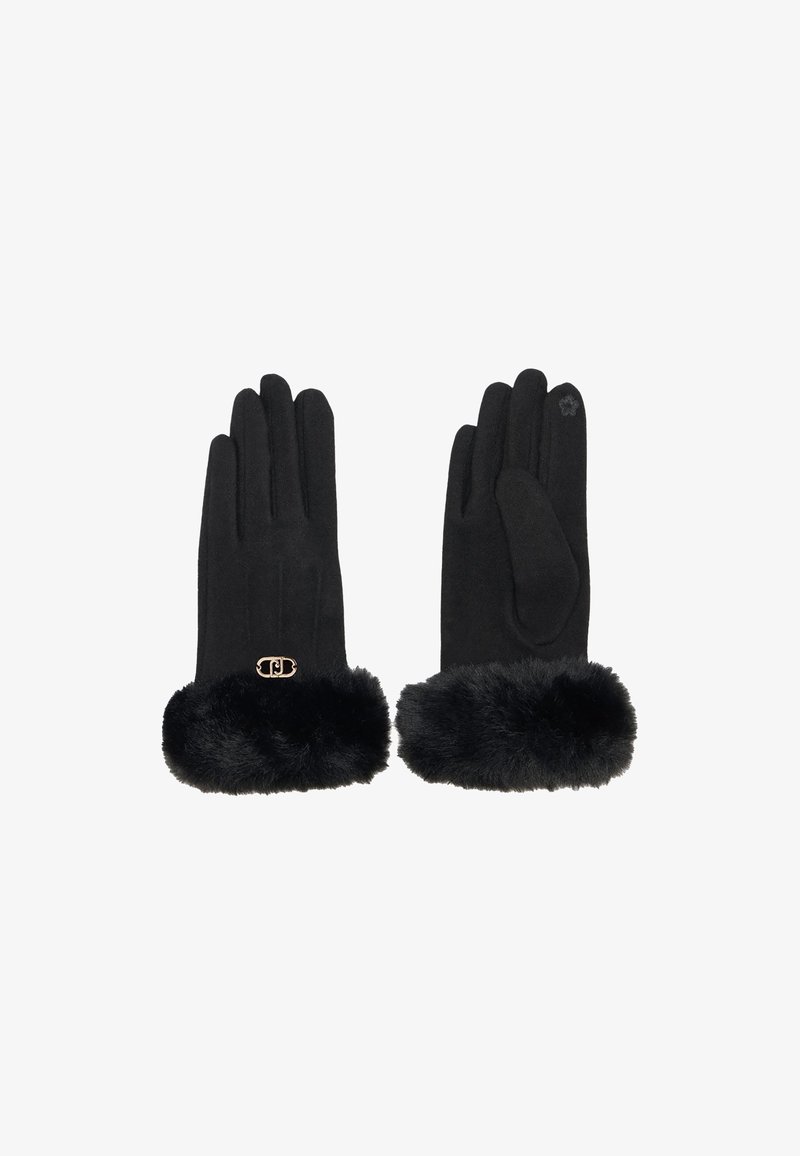 Guantes negros con un puño de piel de terciopelo negra y un acento metálico dorado. El diseño incluye una superficie suave y un ajuste estructurado.