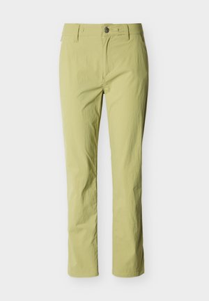 Ανοιχτό πράσινο παντελόνι με ίσια γραμμή, κλείσιμο με κουμπί και φερμουάρ, θηλιές για ζώνη και πλαϊνές τσέπες, πάνω σε απλό φόντο.