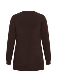 Dark brown long-sleeve sweater shown from the back, plain design with ribbed cuffs and hem, no visible patterns or decorations.