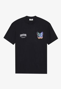 Black t-shirt made of cotton, featuring a blue and purple butterfly graphic on the right chest and "FREEDOM" text on the left.