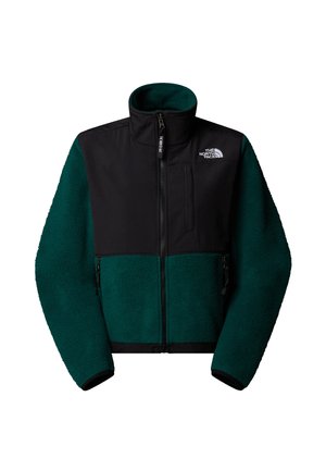 Fleecejack met een donkergroene en zwarte kleurstelling, hoge kraag, voorrits en zijrits zakken. Beschikt over een textuurstof en logo-detail.
