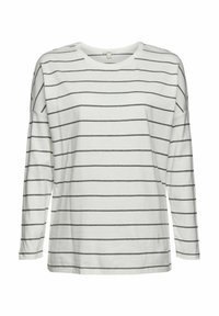 Camicia a maniche lunghe in tessuto bianco con sottili strisce orizzontali grigie, con collo a giro e vestibilità rilassata. Materiale morbido e leggero.