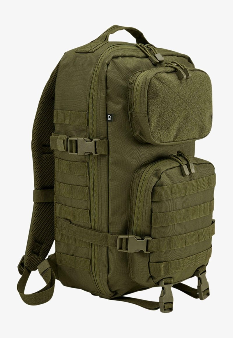 Zelený nylonový batoh s viacerými priehradkami, textúrovaným povrchom a nastaviteľnými popruhmi. Obsahuje spony a sieťovanú podložku pre pohodlie.