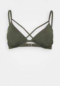 Oliven grønn bikini topp med justerbare stropper, trekantede kopper og kryssryggdesign. Har metalldeksel lukking foran.