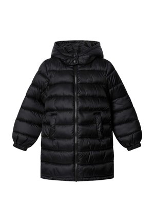 Schwarze gesteppte Daunenjacke mit angenähter Kapuze, Frontreißverschluss, Druckknöpfen, Seitentaschen und elastischen Bündchen an den langen Ärmeln.