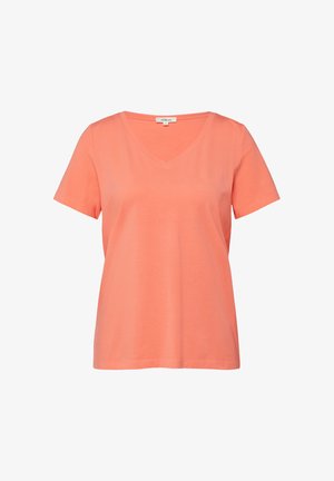 Coral-colored short-sleeve V-neck women's T-shirt with a straight hem and soft fabric, displayed on a plain white background.