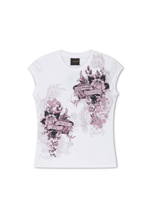 Witte korte mouwen blouse met roze en zwarte bloemmotief in tattoo-stijl en banners met de teksten "Ed Hardy Tattoo City" en "Art Est. 1971".