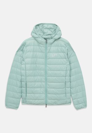Light mint green quilted hooded jacket with full front zipper and EA7 Emporio Armani logo on the left chest.