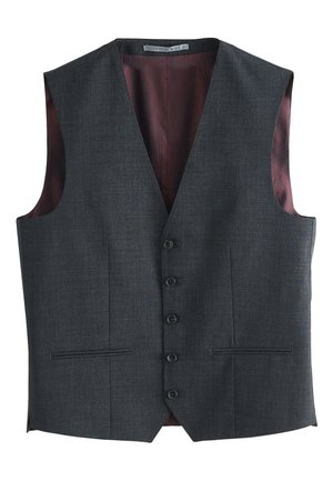 Donkergrijze formele herenvest met vijf knopen en twee voorzakken, met een bordeauxrode patroonvoering.