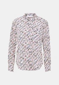 Chemise à manches longues boutonnée avec col pointu, recouverte d’un motif floral pastel dense avec des touches de rose, bleu clair, vert et noir.