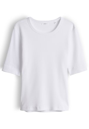 Weißes Rippshirt mit kurzen Ärmeln und Rundhalsausschnitt, mit einem kleinen Markenlabel im Kragen, Größe 36.