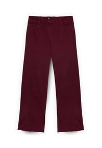 Burgundské kalhoty s vysokým pasem a širokými nohavicemi, se dvěma předními knoflíky, páskými poutky, předními kapsami a detaily s odkrytým lemem.
