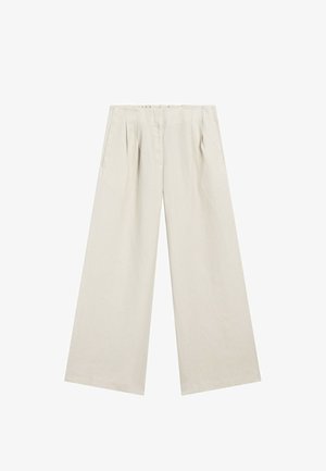 Wijde broek in lichtbeige linnen met plooien aan de taille en zijzakken; gladde textuur en schoon, minimalistisch ontwerp.