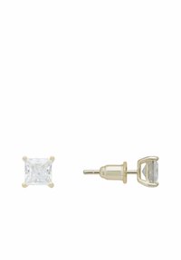Square cut diamond stud earring with gold metal setting. Clear gemstone in a four-prong mounting, featuring a straight post and butterfly back.