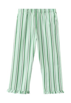 Pantalon vert clair avec des rayures verticales vert foncé et blanches, taille élastique, poches latérales et ourlets à volants.