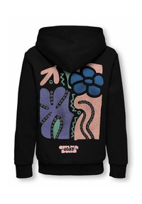 Sweat à capuche noir avec un grand motif floral abstrait et des lignes ondulées en bleu, violet, rose et vert dans le dos, avec un petit texte en bas.